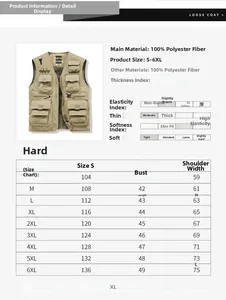 Tableau des tailles détaillé pour gilet de pêche multi-poches homme avec infos tissu