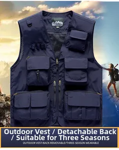 Detail of navy blue multi-pocket outdoor vest featuring breathable mesh lining