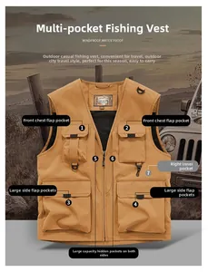 Détail du gilet de pêche kaki montrant 7 poches fonctionnelles et un tissu imperméable