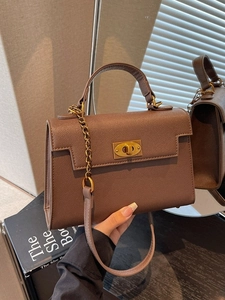 Brown Epsom leather Kelly style handbag with gold twist lock and chain strap