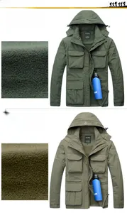 Detail view of khaki and army green tactical jackets with fleece lining and detachable sleeves