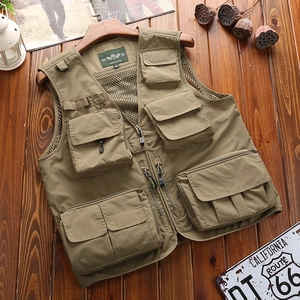 Men's loose multi-pocket khaki outdoor vest with mesh lining on a wood background