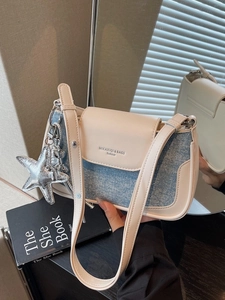 Women Fashion Denim Patchwork Crossbody Bag PU Leather Underarm Small Square Bag With Rhinestones Star Pendant Daily Street Bag