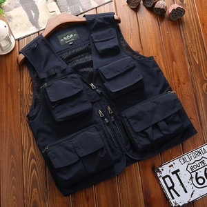 Men's loose multi-pocket dark blue quick-dry outdoor cargo vest with mesh lining