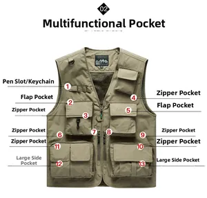 Detail view of khaki tactical vest featuring 13 functional pockets and breathable mesh lining