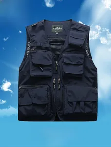 Detail view of multi-pocket fishing vest showing breathable mesh lining and storage pockets