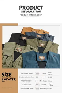 Tableau détaillé du gilet de pêche multi-poches en 5 couleurs avec 95% de coton