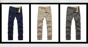 Comparaison détaillée de pantalons cargo à poches en bleu marine, kaki et vert armée