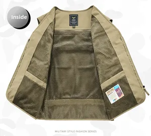 Détail de la doublure en maille respirante et des étiquettes d'un gilet tactique kaki