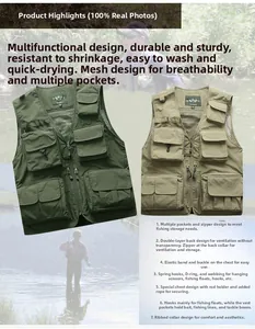 Detail view of quick-dry fishing vest showing multiple utility pockets and breathable mesh