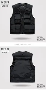 Detail view of black outdoor tactical vest with multiple pockets and breathable mesh lining