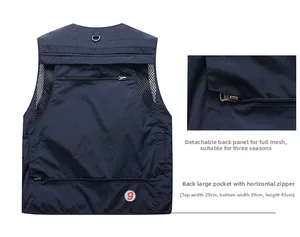 Detail of multi-pocket fishing vest showing detachable back panel and mesh lining
