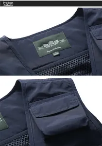 Macro shot of breathable black mesh lining and olive size label on blue utility vest