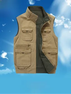 Detail of khaki outdoor vest with multi-pocket design and ribbed hem for men