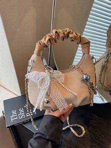 Women Woven Crossbody Bag Ruched Handle Artificial Pearl Lace Bow Decor Dumpling Chic Hobo Bag Elegant Commute Handbag Girls Fashion