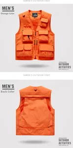 Front and back detail of high-visibility orange outdoor utility vest with mesh lining