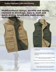 Detail of multi-pocket fishing vest featuring breathable mesh and hanging D-rings