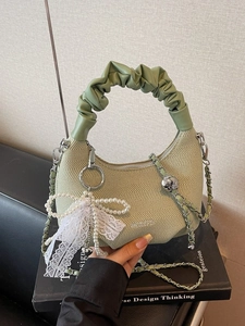 Avocado green pleated handbag with diamond texture and elegant pearl bow charm