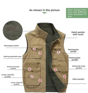 Detail of outdoor utility vest with eight functional pockets and embroidered logo accents