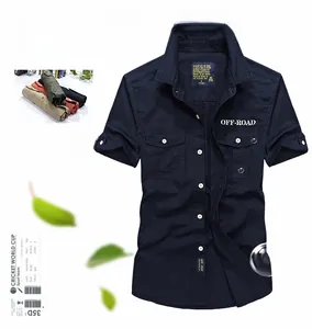 Detail of dark blue military short-sleeve shirt with double chest flap pockets