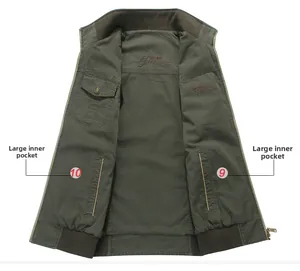Detail of multi-pocket fishing vest featuring a large interior functional storage pocket