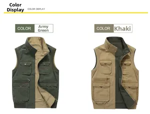 Detail of cargo vest colors showing army green and khaki with multi-pocket design