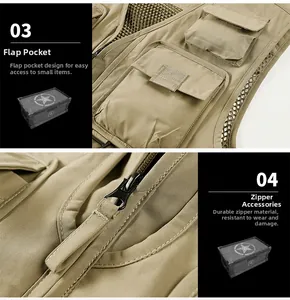 Détail du gilet d'extérieur kaki montrant les poches cargo et le zip en métal renforcé