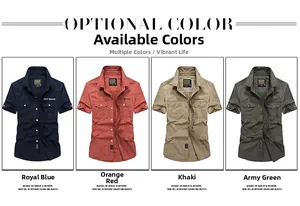 Short sleeve tactical shirts in blue, red, khaki, and green colors with chest pockets