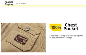 Detail showing seamless bonded chest pocket on khaki vest with water-resistant technology