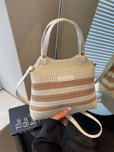 Women Woven Bucket Bag Small Striped Knit Crossbody Bag With Leather Handle Adjustable Shoulder Strap Casual Hollow Out Tote Bag