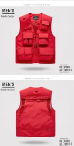 Detail view of red outdoor vest showing multiple pockets and breathable mesh lining back