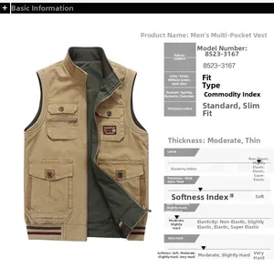 Detailed view of casual men's outdoor fishing vest with multiple pockets and cotton fabric