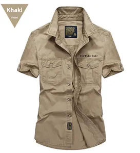 Detail of khaki tactical short sleeve shirt with dual chest pockets and OFF-ROAD print
