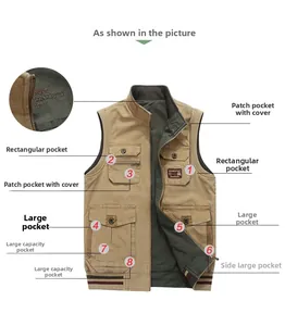Detailed view of khaki utility vest with eight functional pockets and olive green lining