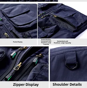 Detailed view of dark blue tactical vest showing multiple functional zipper pockets