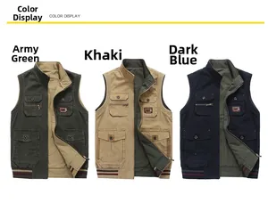 Detailed comparison of men's outdoor utility vests in army green, khaki, and navy blue colors