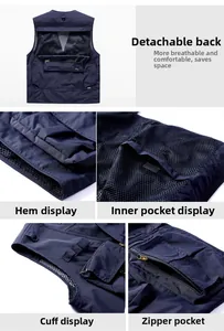 Detail of navy blue utility vest with detachable back panel and breathable mesh lining