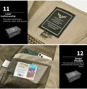 Détail du col d'un gilet tactique kaki avec étiquette militaire et poche intérieure filet