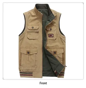 Detailed shot of khaki multi-pocket outdoor vest with durable canvas and rib trim