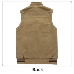 Back view of khaki cotton vest featuring vintage letter embroidery and striped ribbed hem