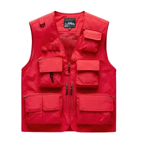 Red outdoor tactical vest with multi-pockets and breathable mesh lining for fishing