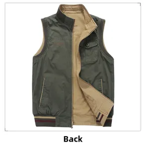 Detail of reversible men's vest with stand collar, embroidery and multi-pocket design