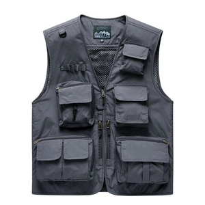 Deep grey multi-pocket utility vest with mesh lining and water-resistant fabric finish