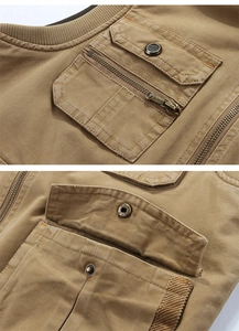 Detail of outdoor cotton vest featuring multi-pocket design and metal zipper with engraving