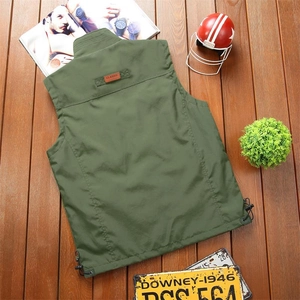 Army green casual utility vest with stand collar and classic leather patch on back