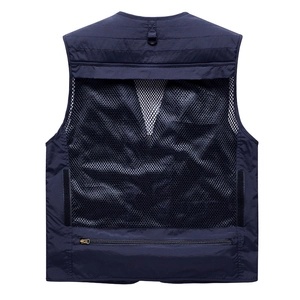 Back view of navy blue mesh outdoor vest with zipper pocket and metal D-ring attachment