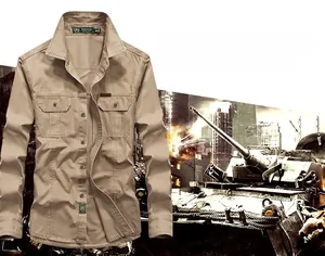 Detail view of khaki long-sleeve cargo shirt with tactical dual breast pockets and twill fabric