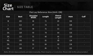 Size chart for men's long sleeve business casual shirt including M to 6XL measurements