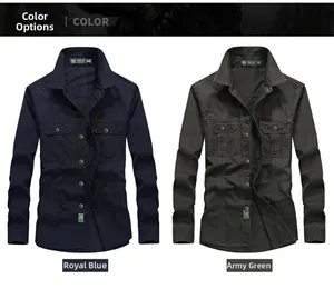 Detail of navy blue and army green tactical long-sleeve shirts with double chest pockets