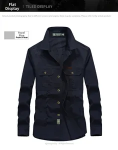Detailed flat lay of royal blue men's cargo shirt with double pockets and metal buttons